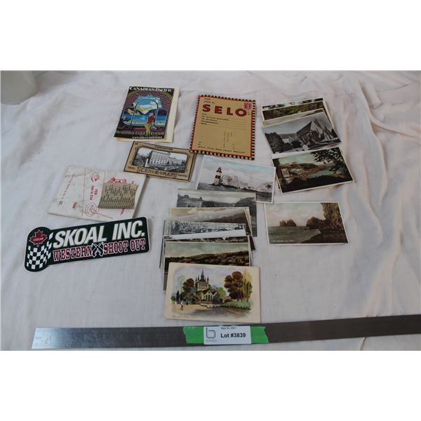 Some Postcards with vintage Vancouver scene graph, scoal sticker, selo print wallet with 3 cent stam