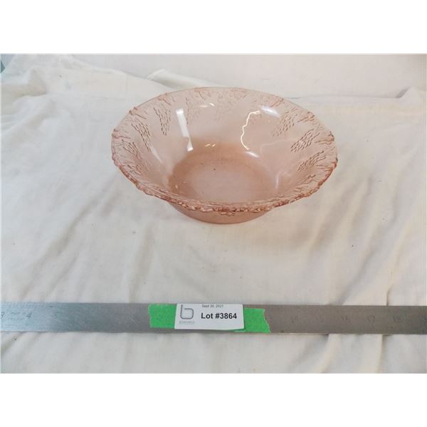 Pink Depression glass type fruit bowl with grape pattern