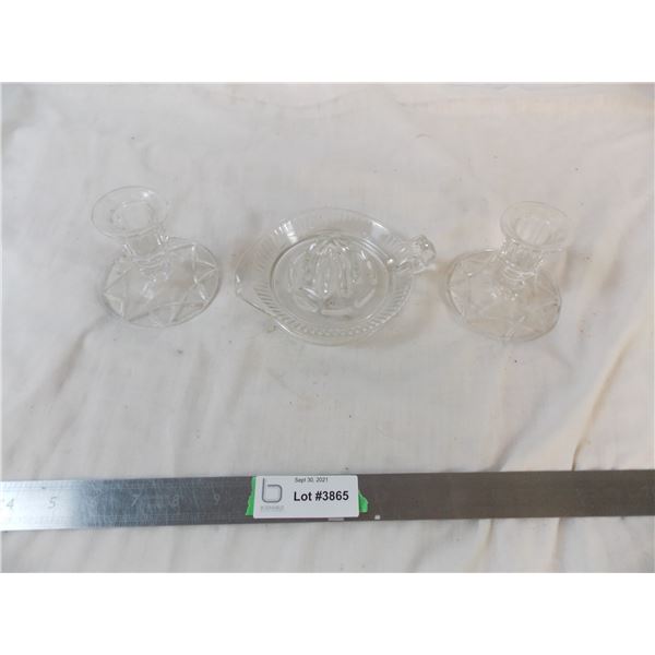 Cut Glass Fruit Juicer + two candlesticks