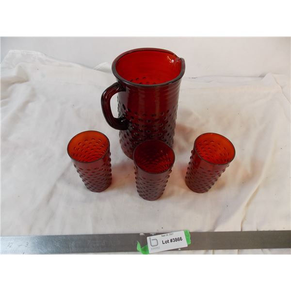 Vintage Ruby Glass Pitcher with 3 cups