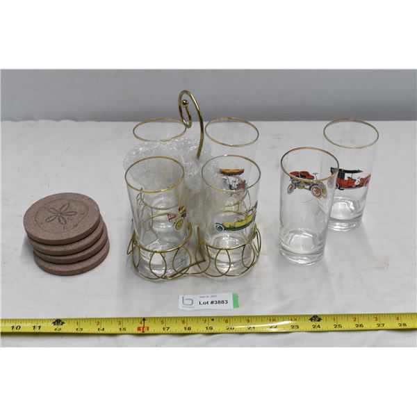 6 Cup Set, 1 Cracked Glass. 4 Flower Coasters