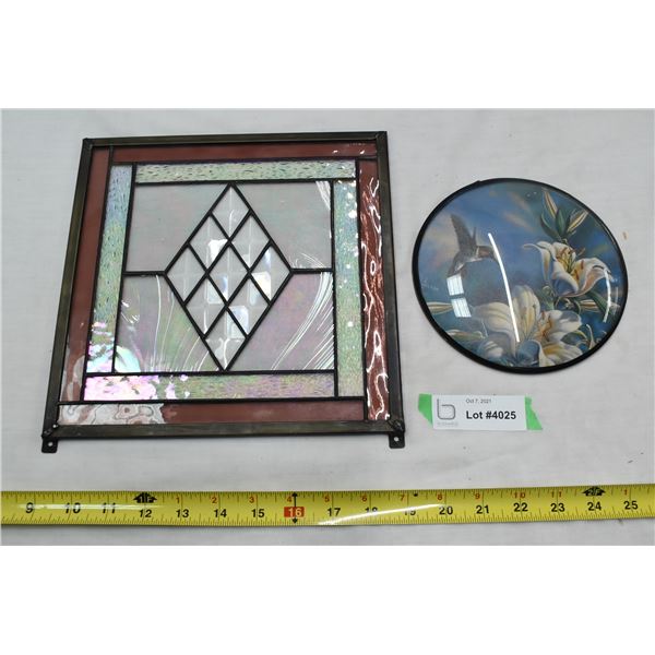 Vintage Stained glass in metal frame with hummingbird picture in round frame