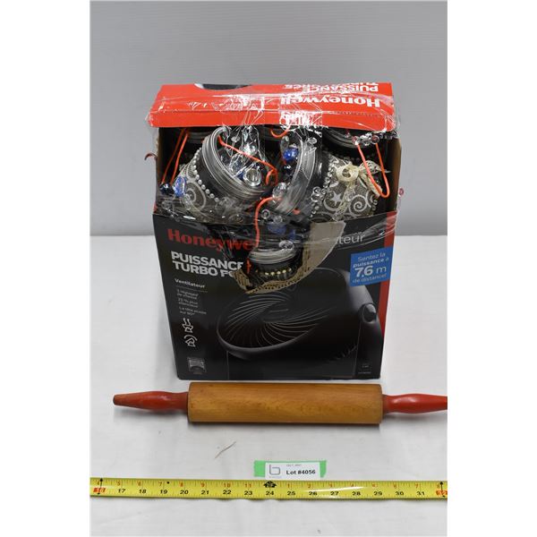 Box with Jars of Decorative Rocks and Gems & Wooden Rolling Pin