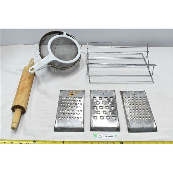 Cheese Grater, Sifters, Rolling Pin & Folding Drying Rack