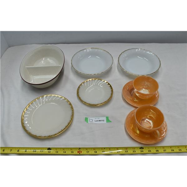 Assorted Oven Safe Dishes - peach lustre cup + saucers