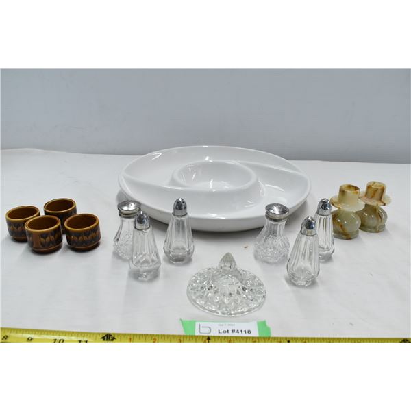 Assorted Dishware – S&P Shakers, Espresso Glasses, Serving Tray