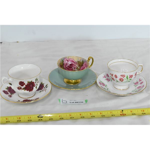 3 Cup & Saucer Pairs – Queen Anne, Aynsley, misc