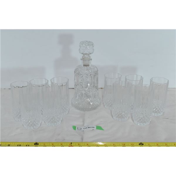 10 Crystal Cups w/ Glass Decanter