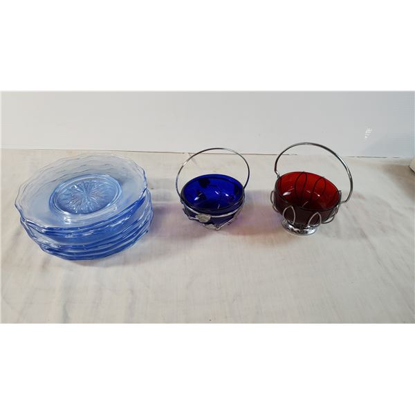 8 Light Blue Glass Plates , 2 Coloured Glass Bowls w/ Metal Handles
