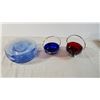 Image 1 : 8 Light Blue Glass Plates , 2 Coloured Glass Bowls w/ Metal Handles