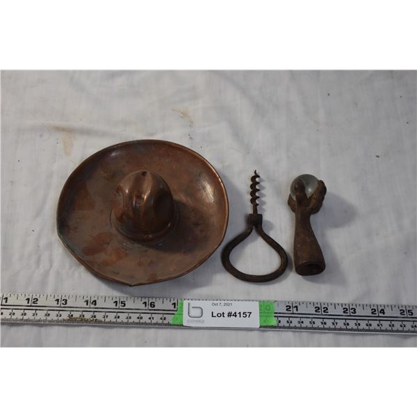 Copper Ashtray and Misc Cast Iron Items