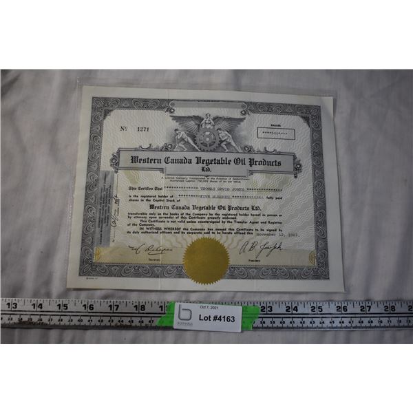 "500 Shares" Stock - 1962 Western Canada Vegetable Oil Products Deed