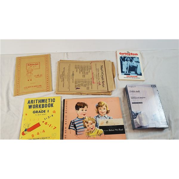 Vintage Children School work books, Curling Book + Curtain Lights