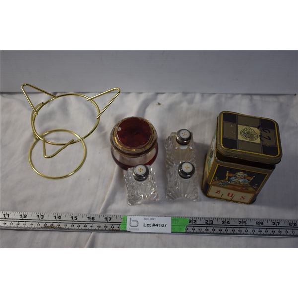 Vintage Tin, Salt & Pepper Shakers, Glass Jar, and Metal Stand