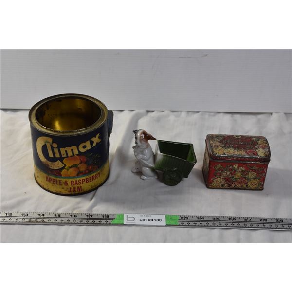 Vintage Jam Tin + misc tin, Ceramic Dog Figurine