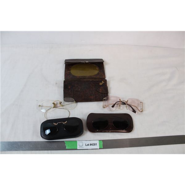 Lot of vintage glasses, two clip on sun glasses