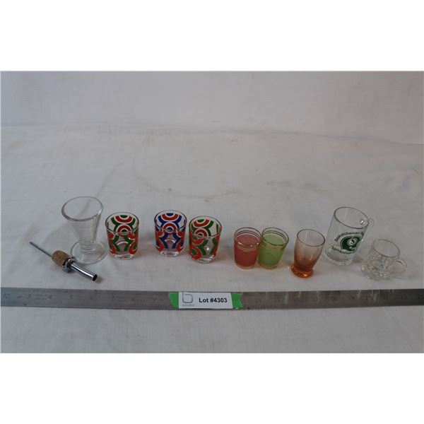 Saskatchewan Roughriders + other shot glasses and one bottle pour