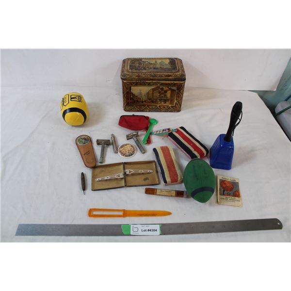 Vintage Razors, Tofee Tin, Watrous SK leather handcrafted item, misc