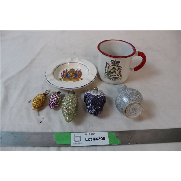 Vintage christmas ornaments, Queen Elizabeth Coronation Cup, Royal visit to Canada ash tray