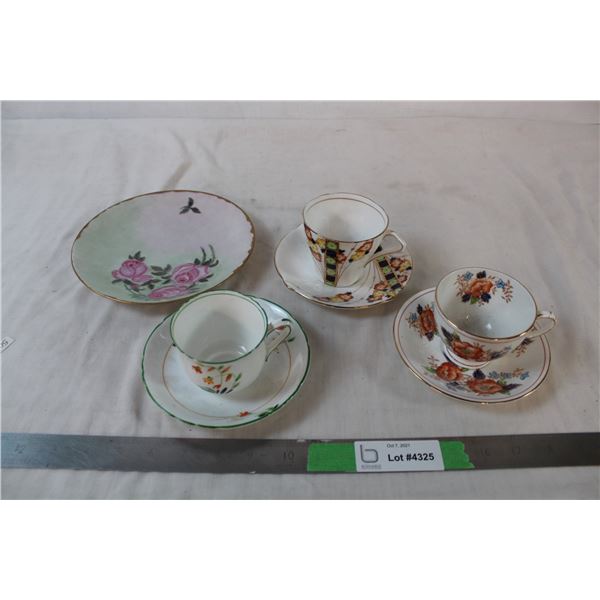 3 tea cup and saucer of various brands, one plate