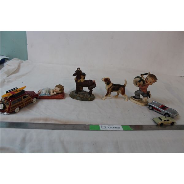 Antique ceramic figures and toy cars