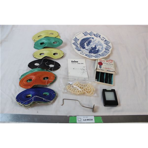 1935 calender plate, vintage hair pins, masquerade masks