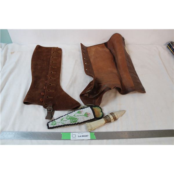 Leather spats, antique stone knife in beadwork case