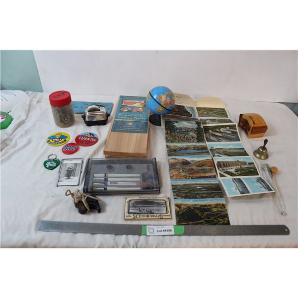 Vintage KEYS, Deep Fat Thermometer, Cedar Grilling planks, Koh-in-noor radiograph, postcards, misc