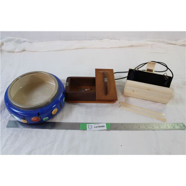 vintage Ceramic L & Sons dish (8" diameter), wooden cuffling tray, Plastic purse