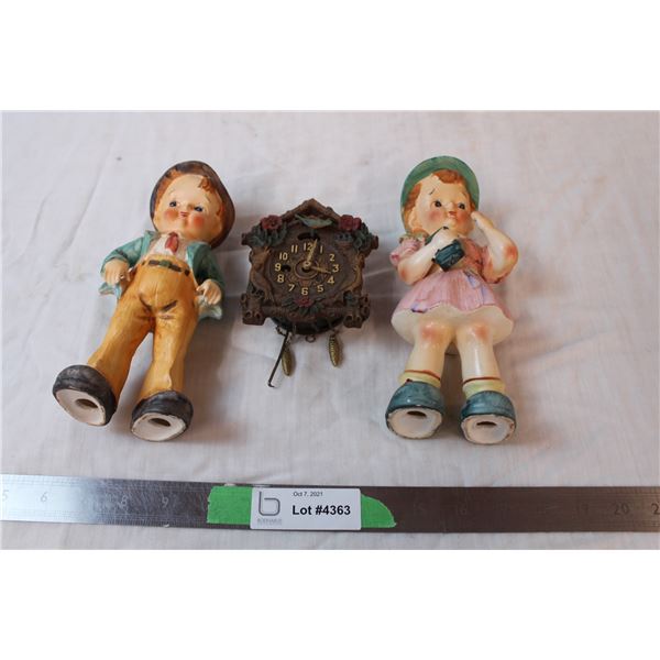 coo koo clock ornament, two vintage handpainted ceramic figures