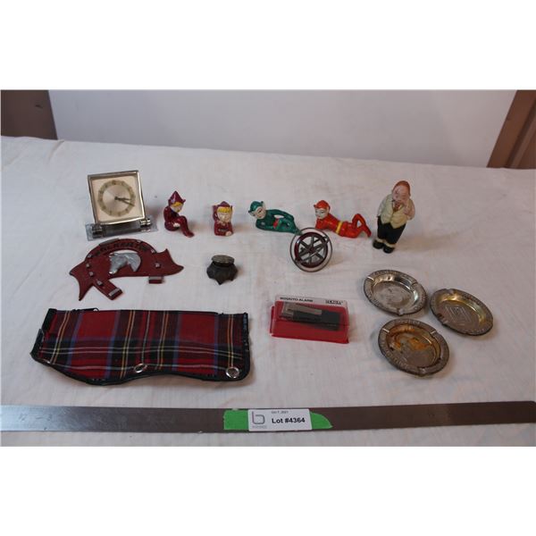 Vintage ashtrays, ceramic figures, moskito-alarm, small desk clock