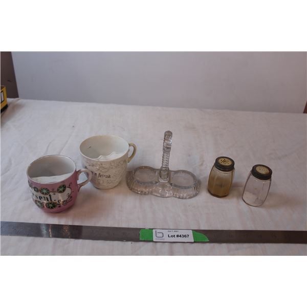 Two Mustache/Shaving cups, salt and pepper shaker with holder