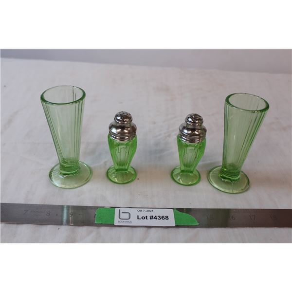 Green Salt/Pepper Shakers, mini vase/candlesticks, uranium glass?