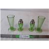 Image 1 : Green Salt/Pepper Shakers, mini vase/candlesticks, uranium glass?