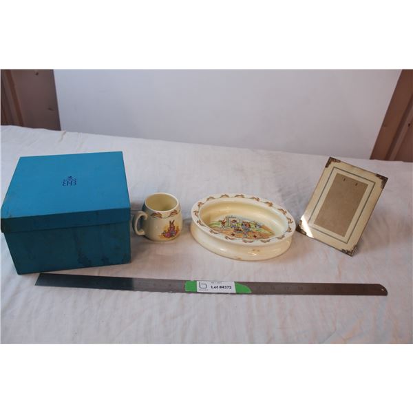 Royal Dalton "Bunnykins" dish and matching cup, photo frame in a birks box