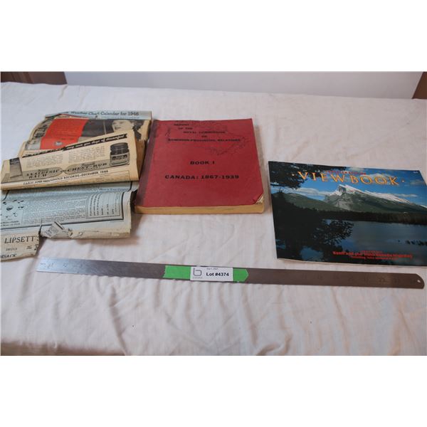 1946 Rexell calender (used), Canadian lookbook, and Report of royal commisions