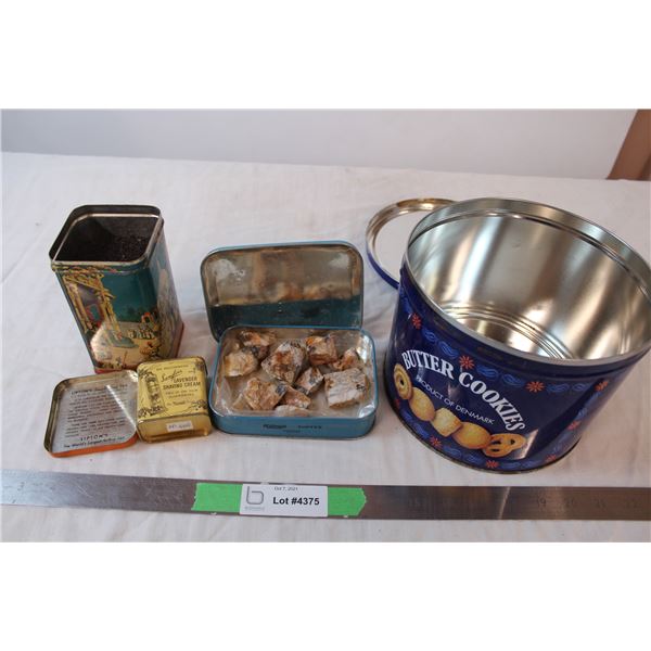 Vintage tins, tea tin with tea, Niagara Falls tin with rocks, others empty