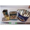 Image 1 : Vintage tins, tea tin with tea, Niagara Falls tin with rocks, others empty