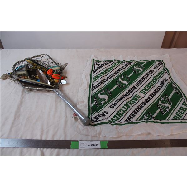 Fishing net filled with various hooks, Saskatchewan Roughriders handkerchief