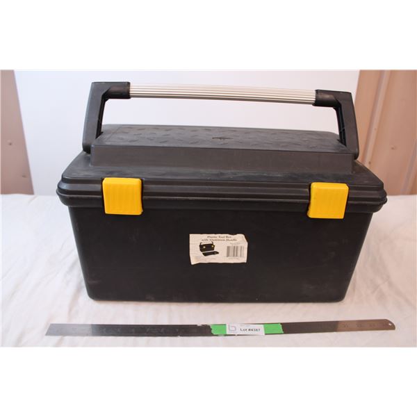 Black plastic tool box, one handle broken but still functioning