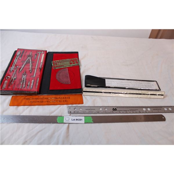 Metal compass set and various rulers