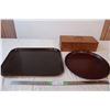 Two plastic serving trays and a wooden box
