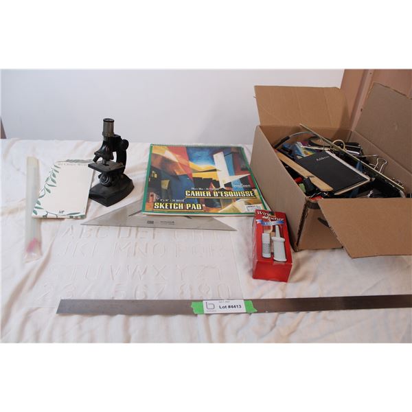 Microscope, unused sketchbook, Wine stopper, and various office supplies