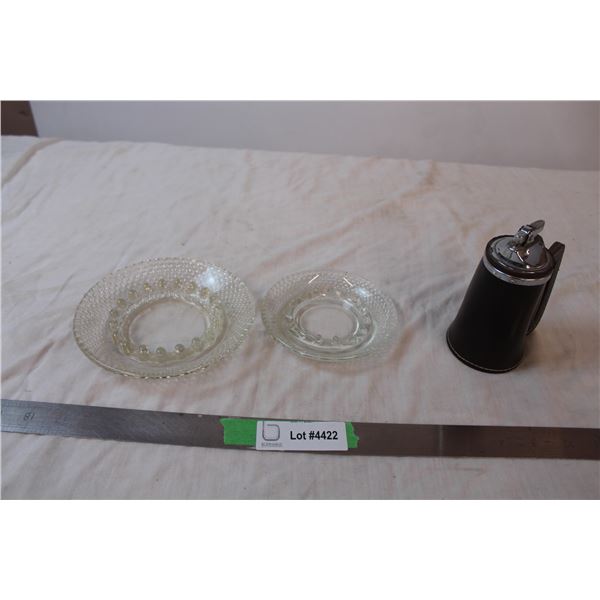 Vintage glass ashtrays + lighter holder with dice (leather?)