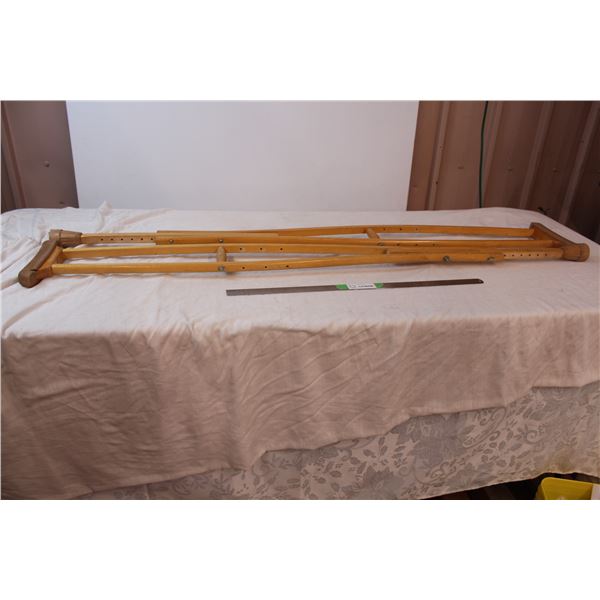 Wooden crutches, hard to adjust, currently 56.5”