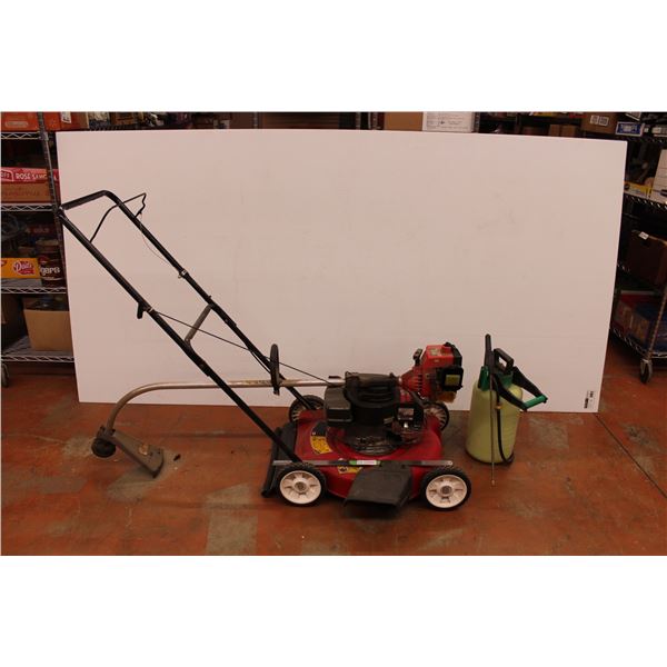 Melnor spray safe weed sprayer, a weed wacker (in need of repair) lawnmower (in need of repair)