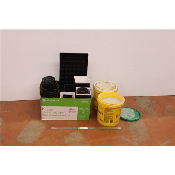 Box of plastic planters and 2 pails of cement