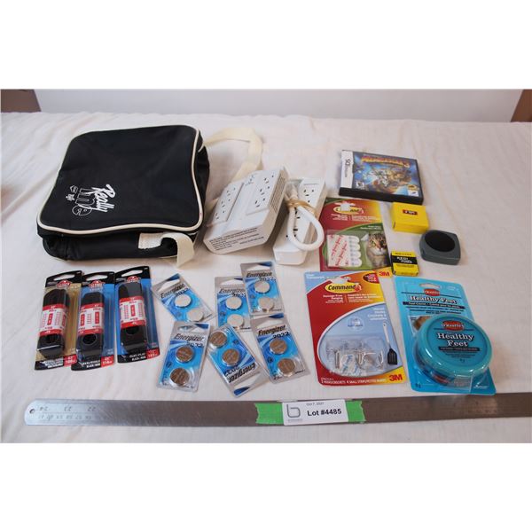 CR2032 batteries, Nintendo DS game, Okeef's salve, Household items