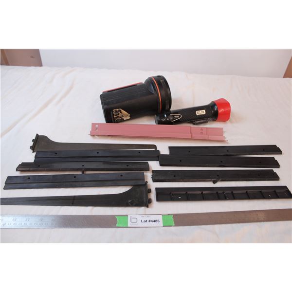 Set of two flashlights, metal shelf brackets, misc