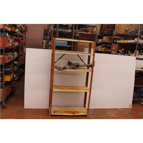 Metal shelving unit 55”x29.5”x12”, satelitte parts, misc. Wooden objects